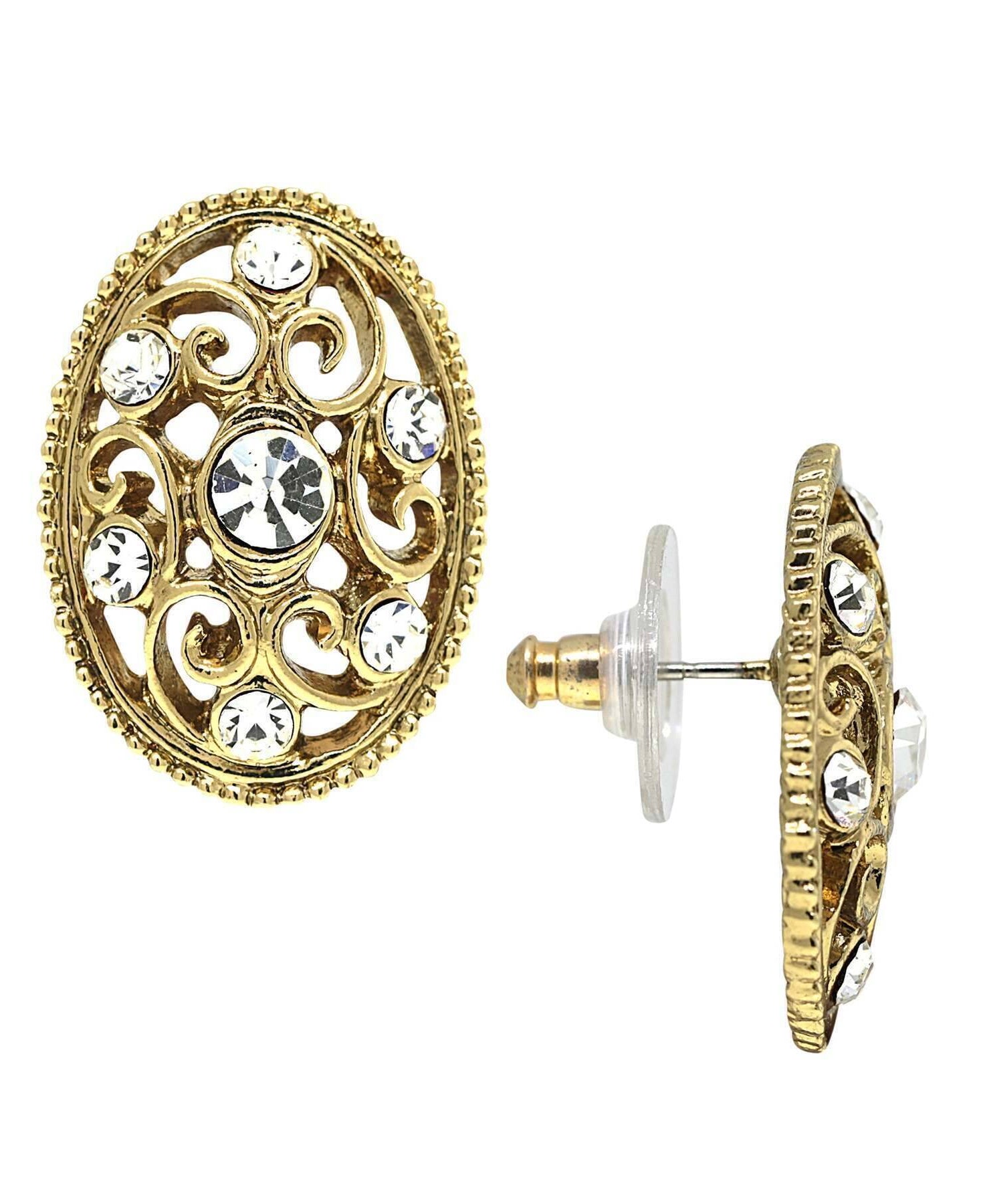 1928 Jewelry Golden Glitz Crystal Filigree Oval Button Earrings
