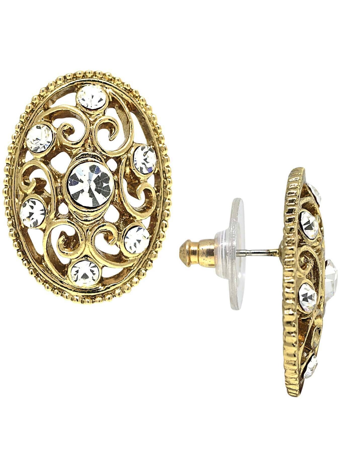 1928 Jewelry Golden Glitz Crystal Filigree Oval Button Earrings