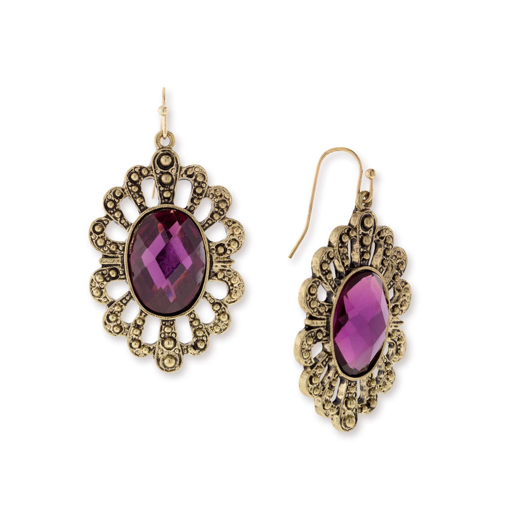  Gold Tone Purple Filigree Oval Drop Earrings