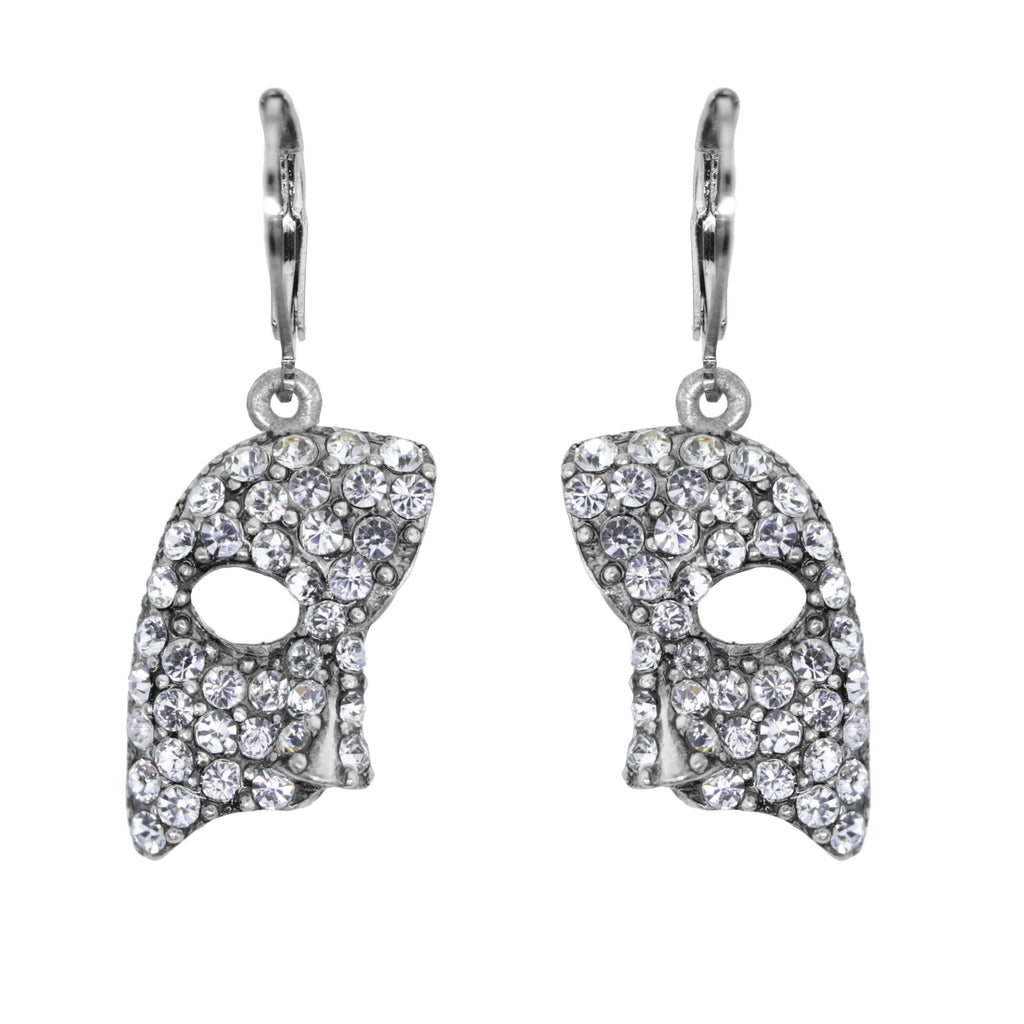 Pewter Crystal Masquerade Mask Drop Earrings