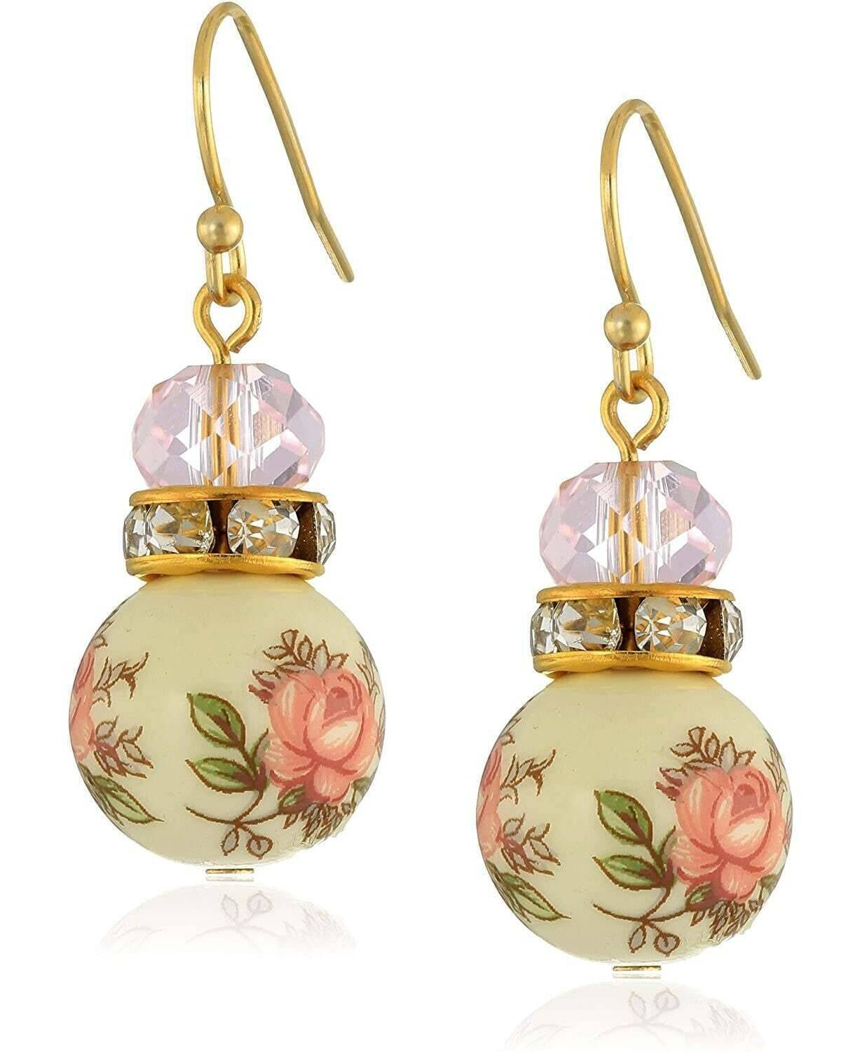 1928 Jewelry Pink Desert Rose Floral Decal Beaded Drop Earrings