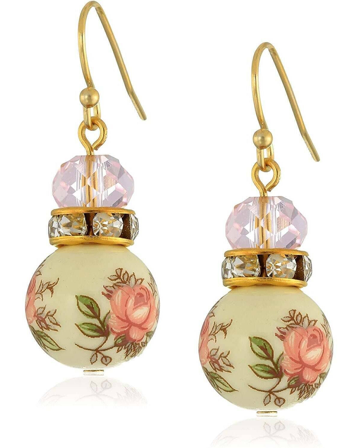 1928 Jewelry Pink Desert Rose Floral Decal Beaded Drop Earrings