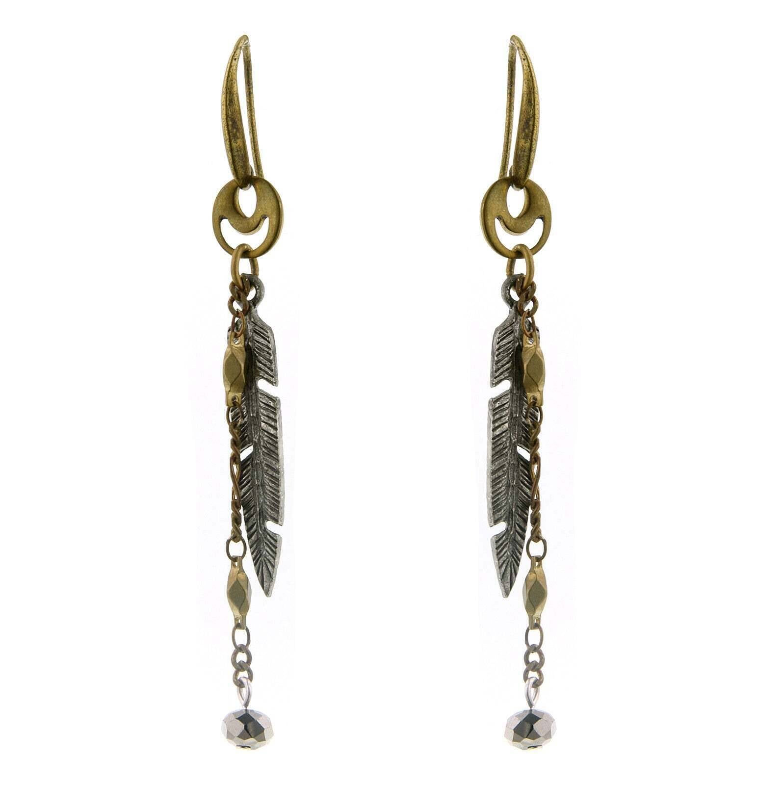 T.R.U. Two Tone Delicate Feather Drop Earrings