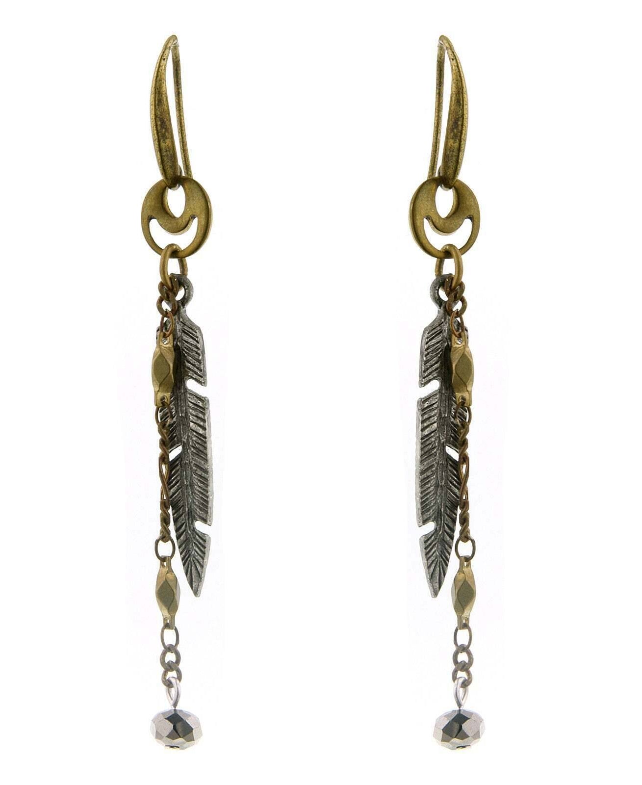 T.R.U. Two Tone Delicate Feather Drop Earrings
