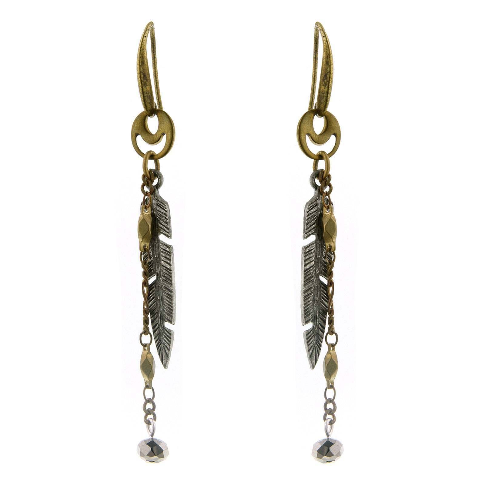 T.R.U. Two Tone Delicate Feather Drop Earrings
