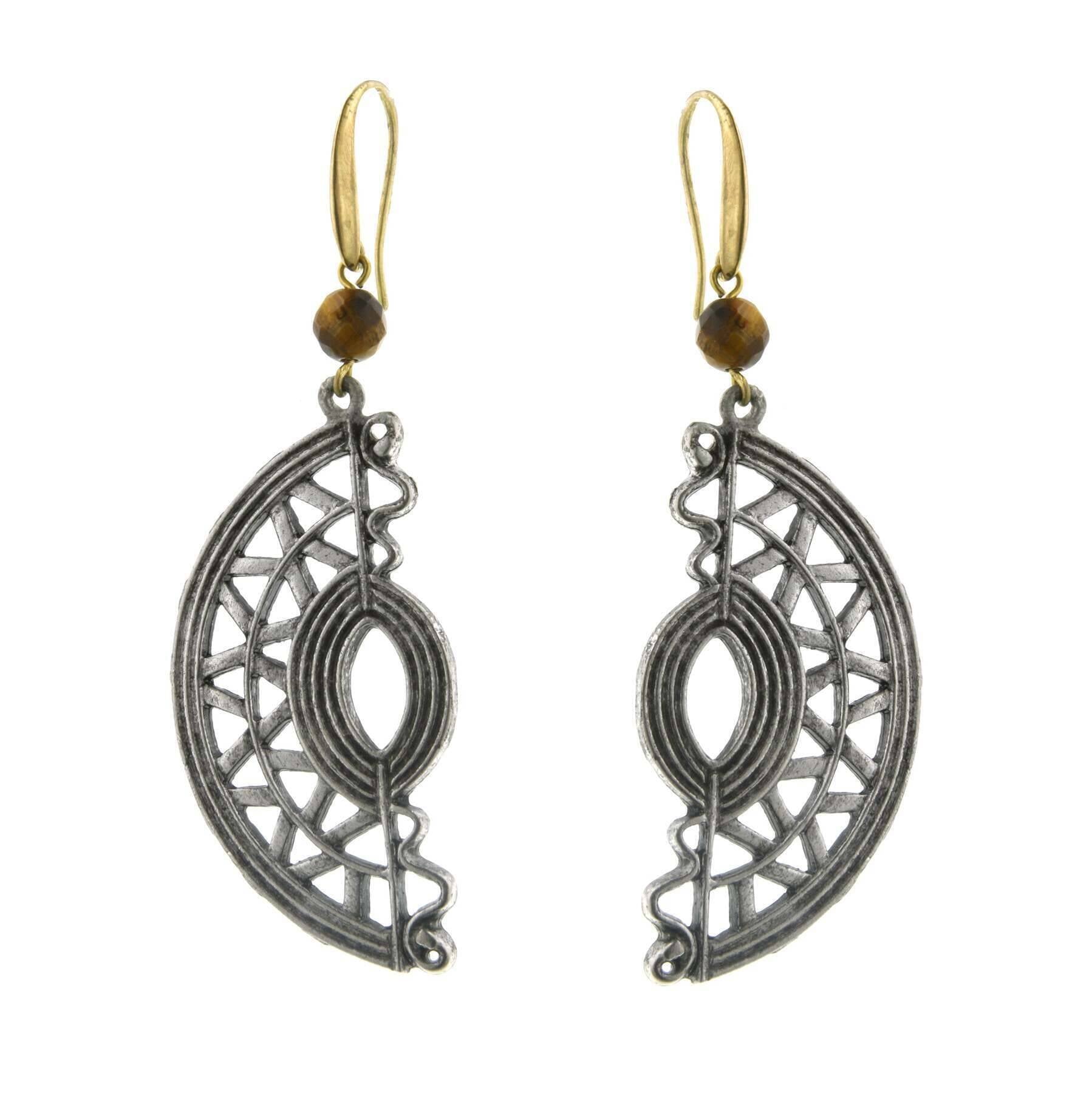 T.R.U. Half Moon Native American Motif With Gemstone Tigers Eye Bead Earrings