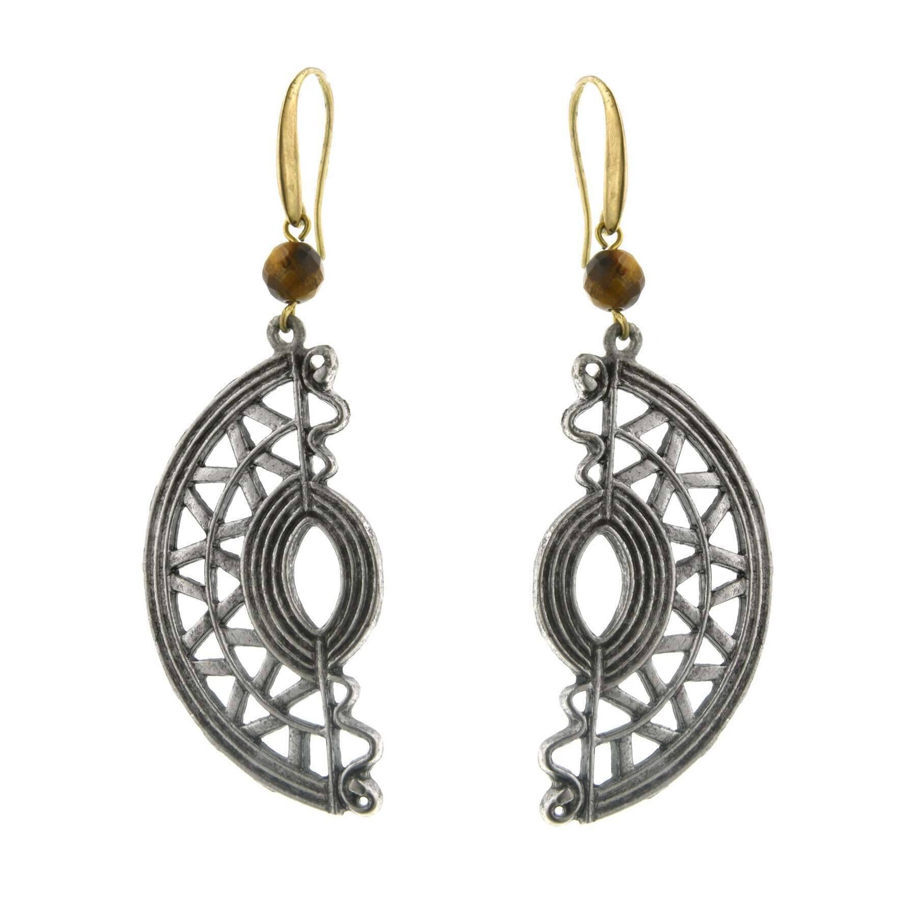 T.R.U. Half Moon Native American Motif With Gemstone Tigers Eye Bead Earrings