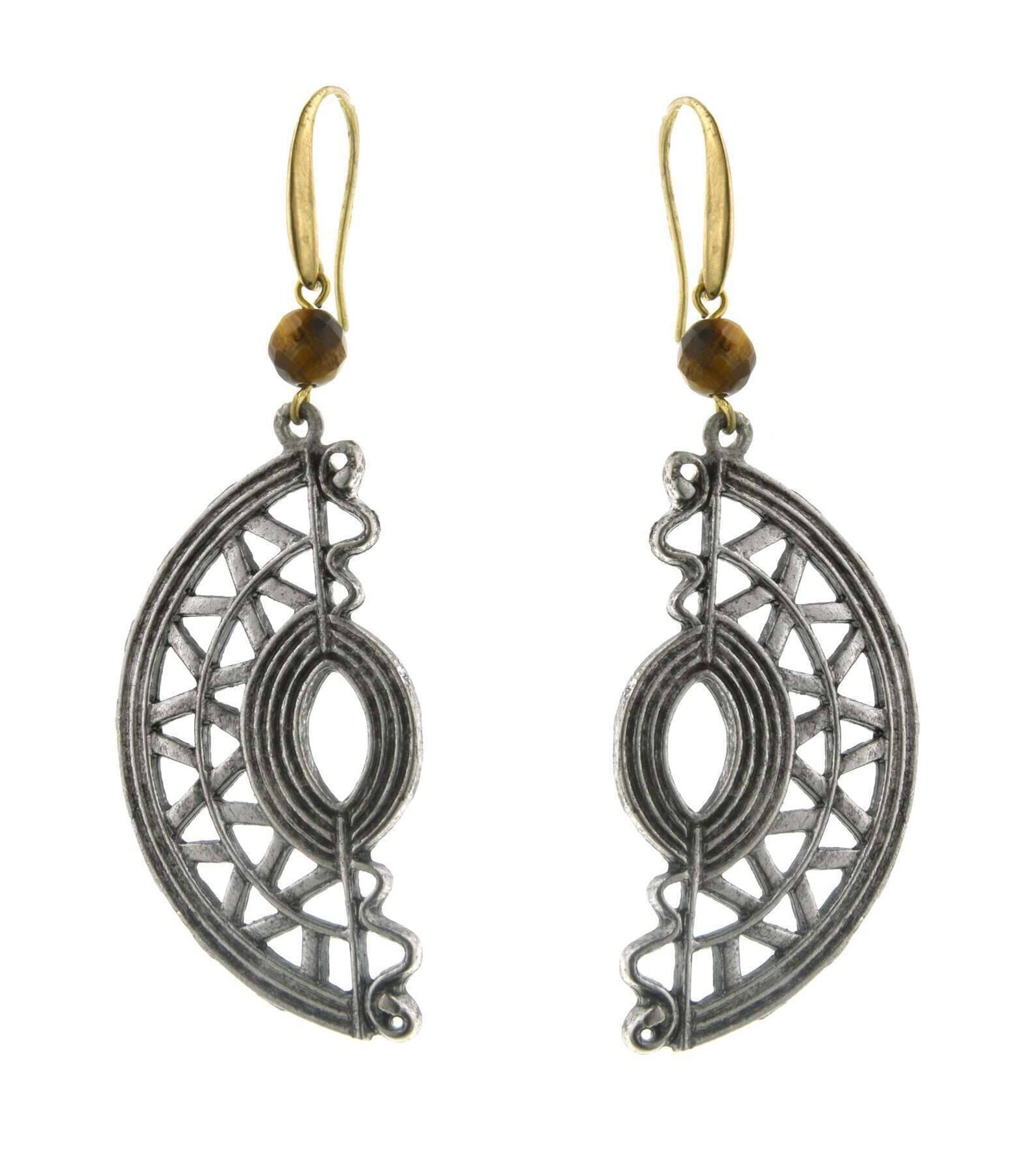 T.R.U. Half Moon Native American Motif With Gemstone Tigers Eye Bead Earrings