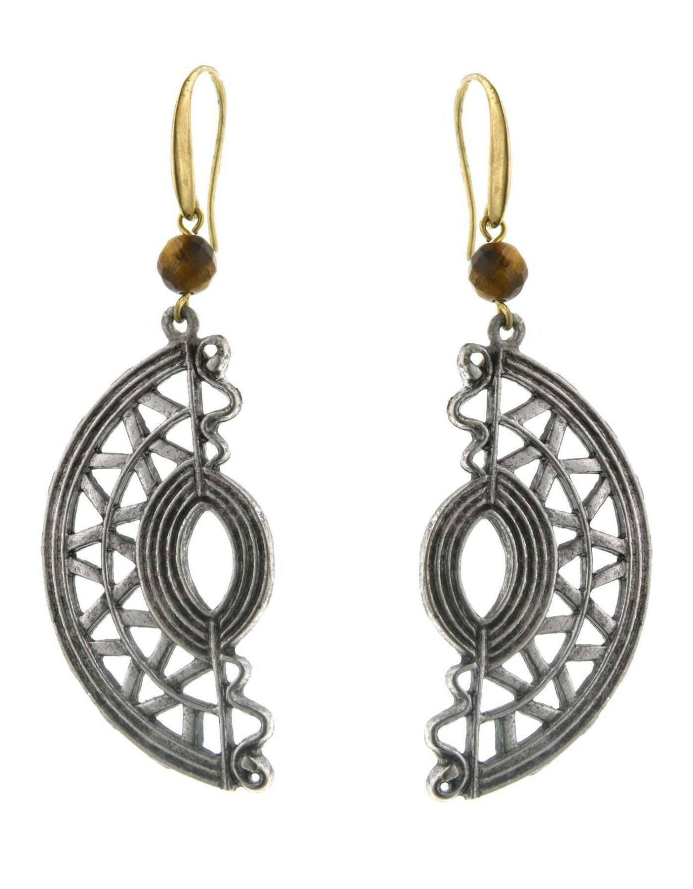 T.R.U. Half Moon Native American Motif With Gemstone Tigers Eye Bead Earrings