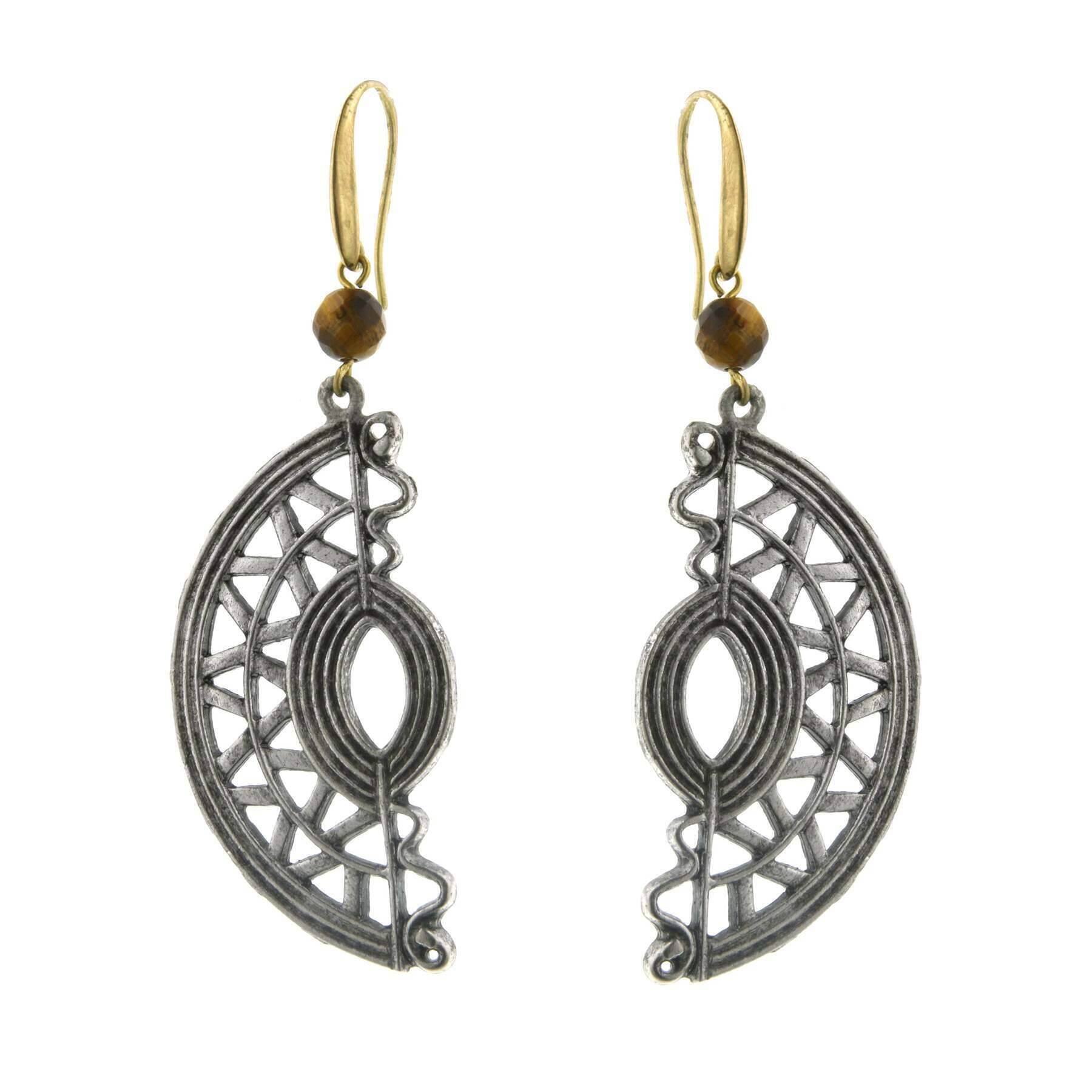 T.R.U. Half Moon Native American Motif With Gemstone Tigers Eye Bead Earrings