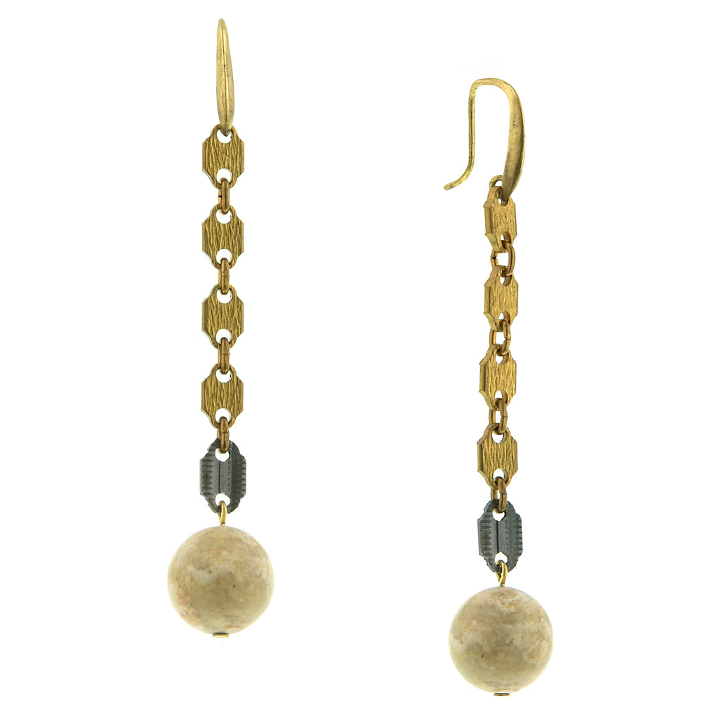 Vintage Brass Tone Linear Accented With Gemstone Riverstone Beads Earrings