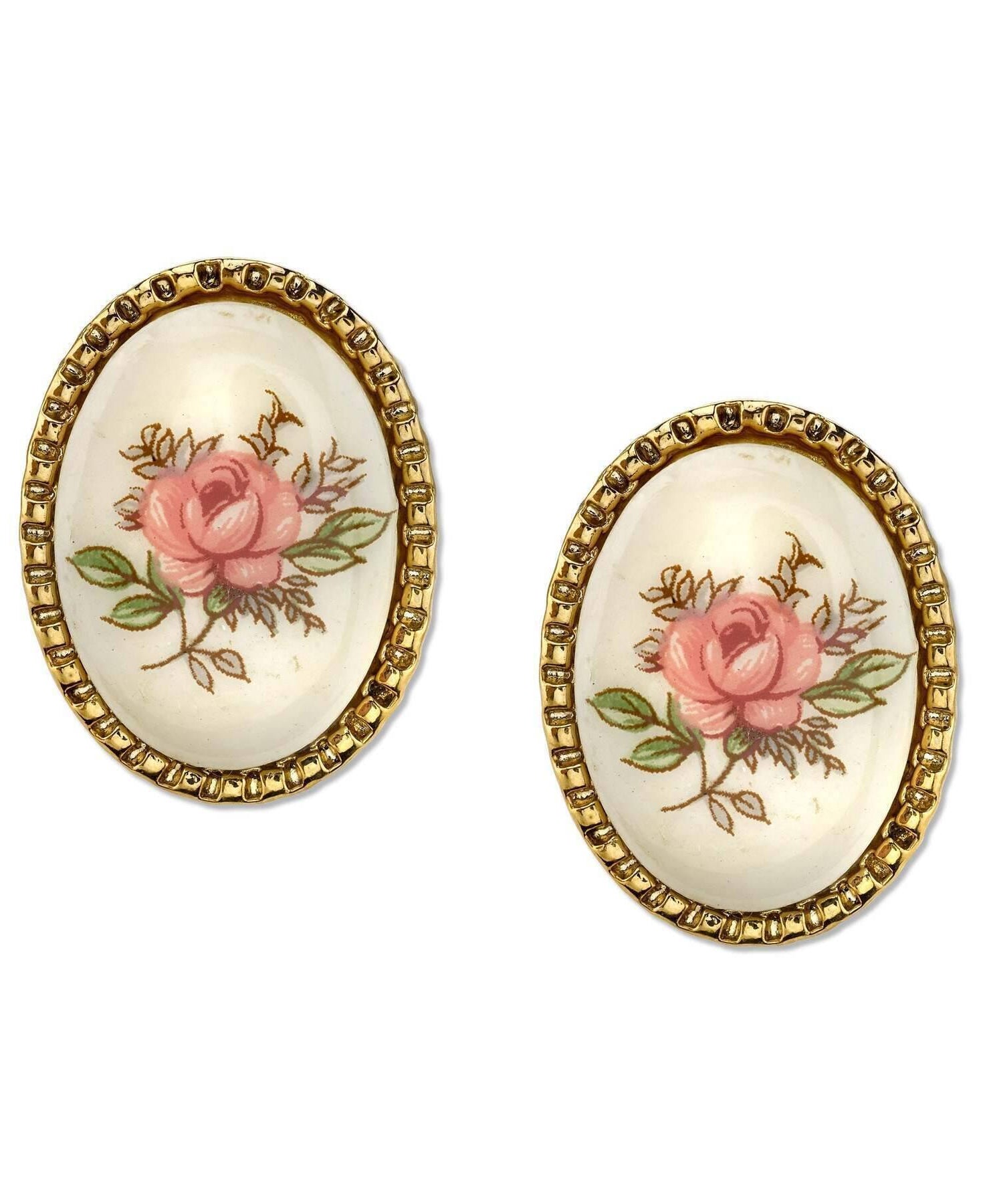 1928 Jewelry Ivory Color With Floral Decal Oval Button Earrings