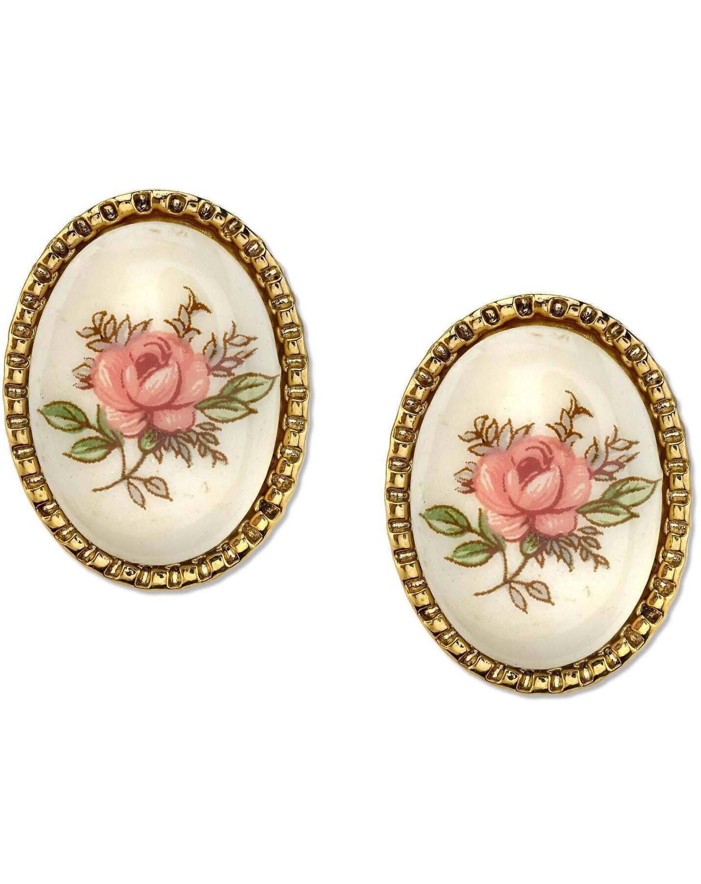 1928 Jewelry Ivory Color With Floral Decal Oval Button Earrings
