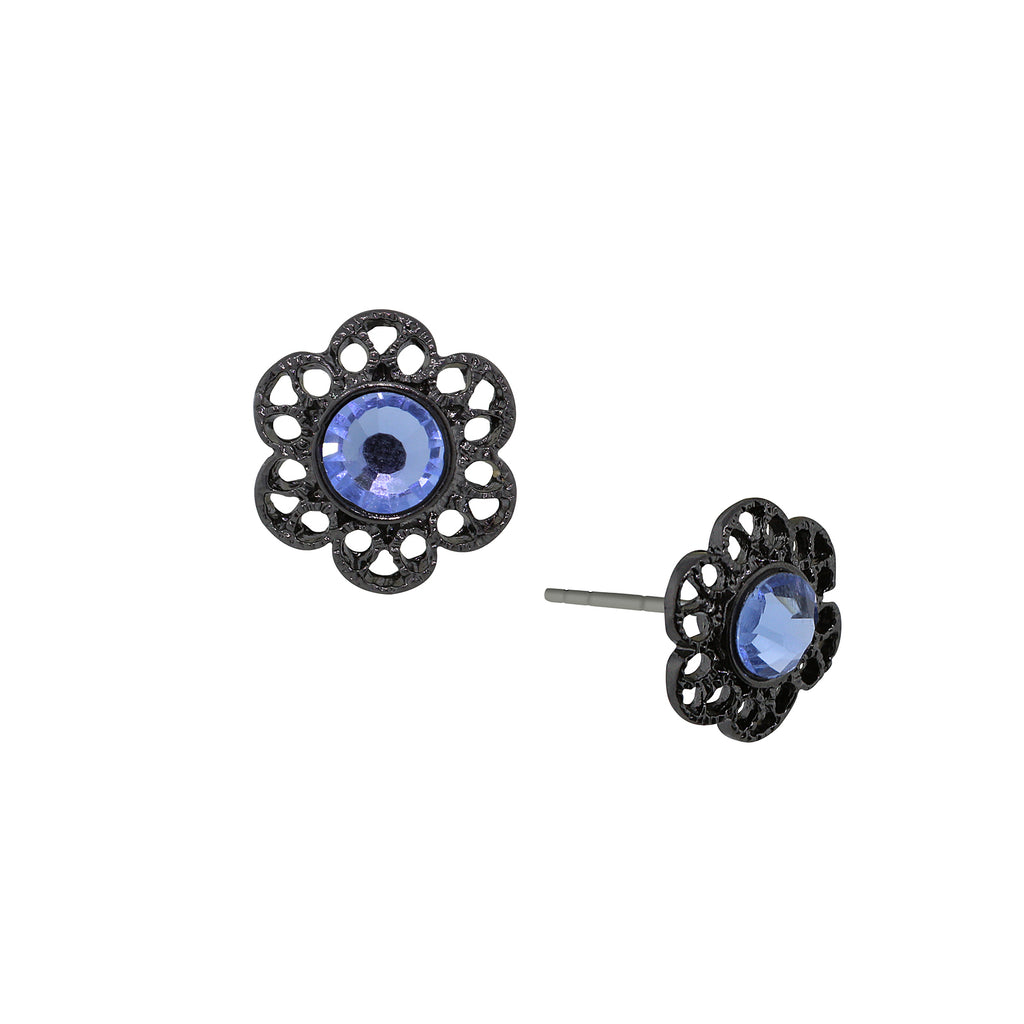 Black Tone Light Sapphire Blue Flower Stud Earrings