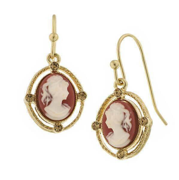 1928 Jewelry Faux Dark Carnelian Cameo Light Topaz Crystal Oval Drop Earrings