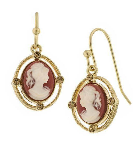 1928 Jewelry Faux Dark Carnelian Cameo Light Topaz Crystal Oval Drop Earrings