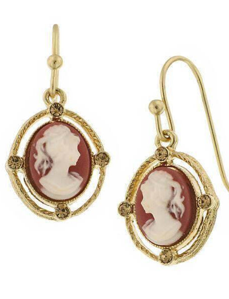 1928 Jewelry Faux Dark Carnelian Cameo Light Topaz Crystal Oval Drop Earrings