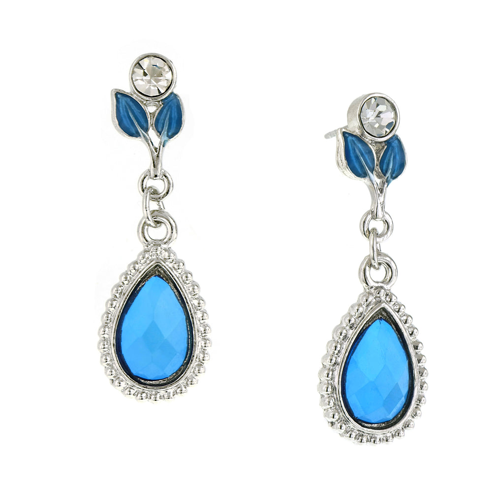 Silver Tone Sapphire Blue Color Leaf Teardrop Earrings