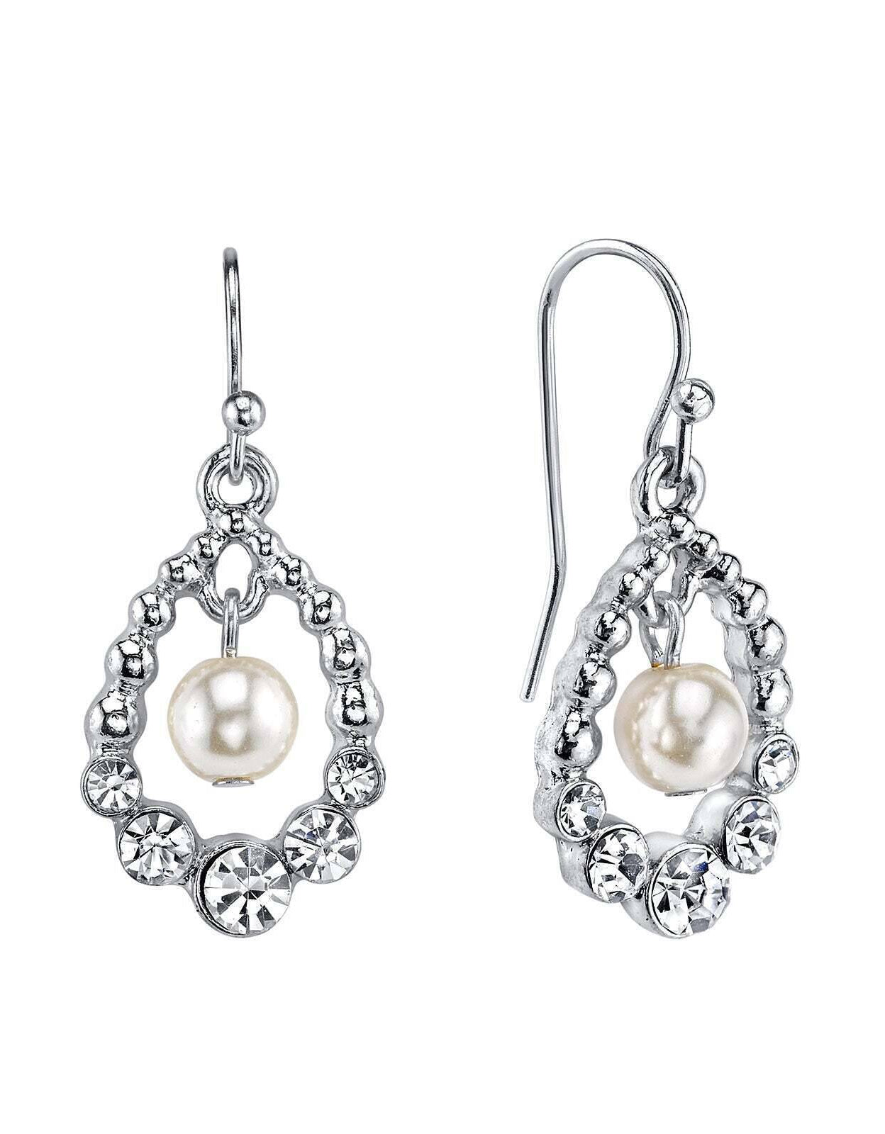 1928 Bridal White Faux Pearl And Crystal Drop Earrings