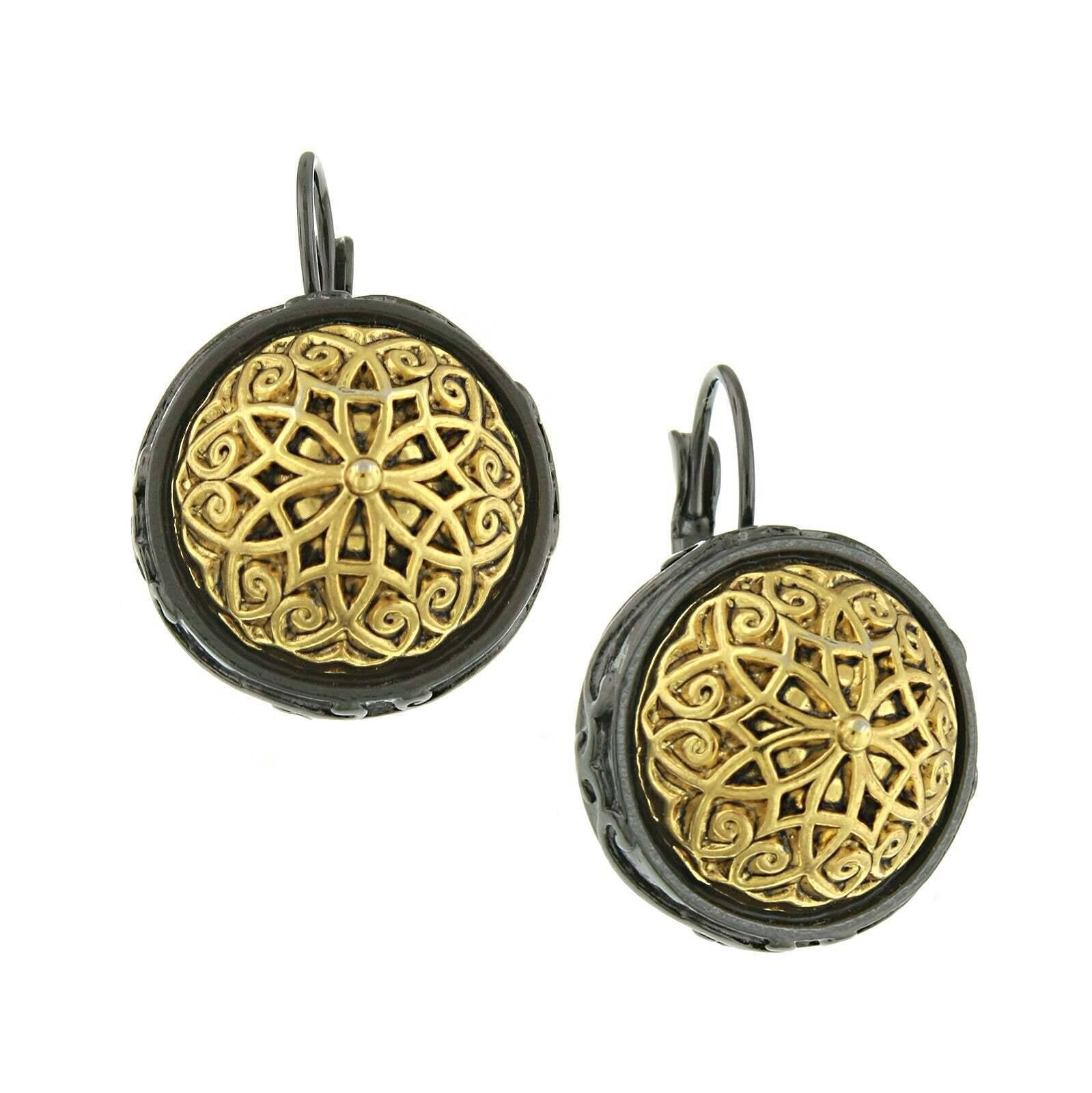 Antiquities Couture Patras Jet Black Gold Button Leverback Earrings