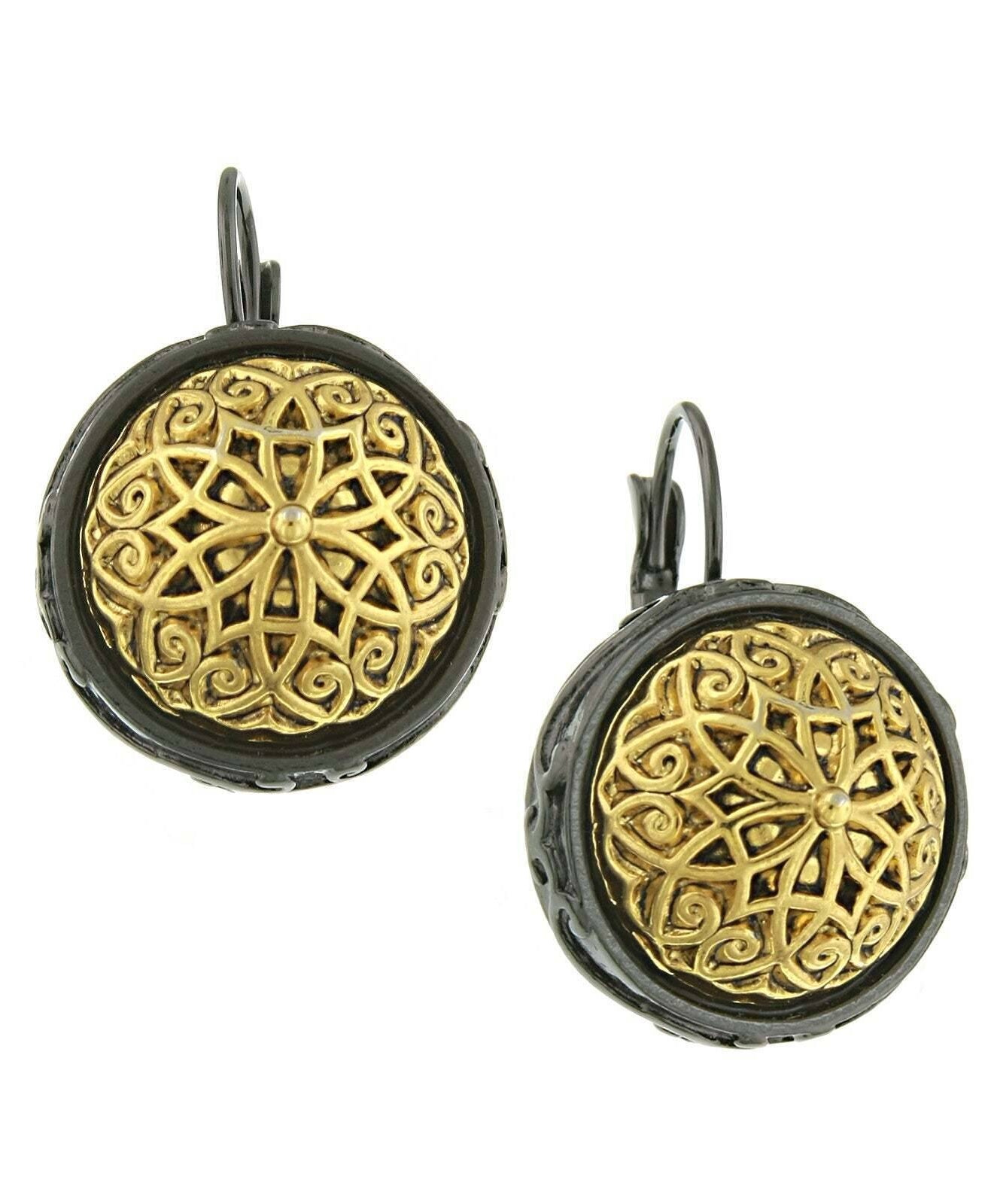 Antiquities Couture Patras Jet Black Gold Button Leverback Earrings