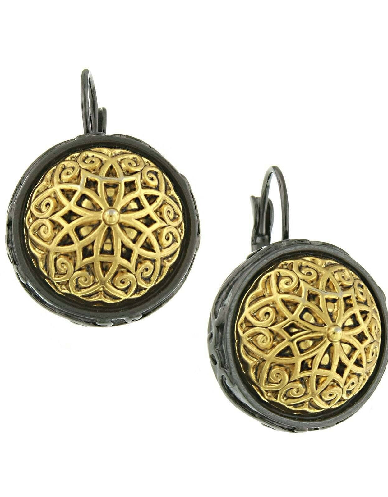 Antiquities Couture Patras Jet Black Gold Button Leverback Earrings