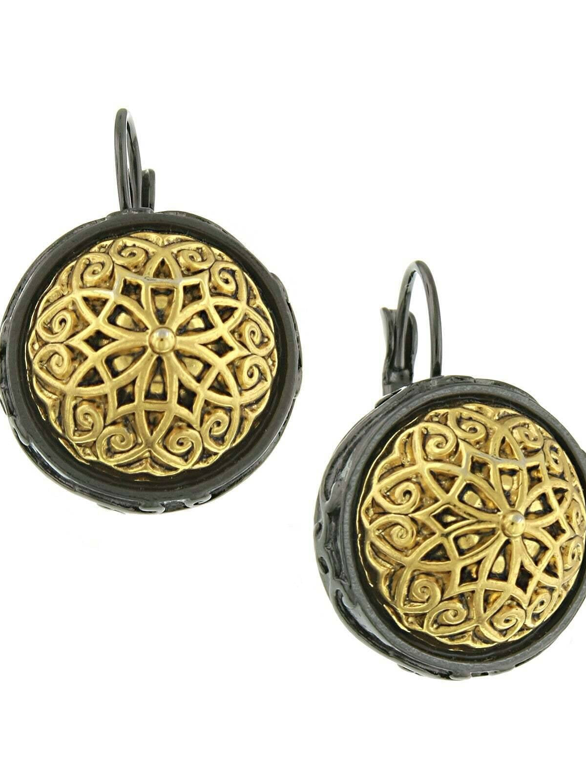 Antiquities Couture Patras Jet Black Gold Button Leverback Earrings