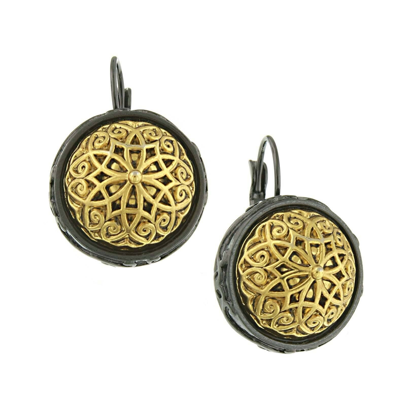 Antiquities Couture Patras Jet Black Gold Button Leverback Earrings