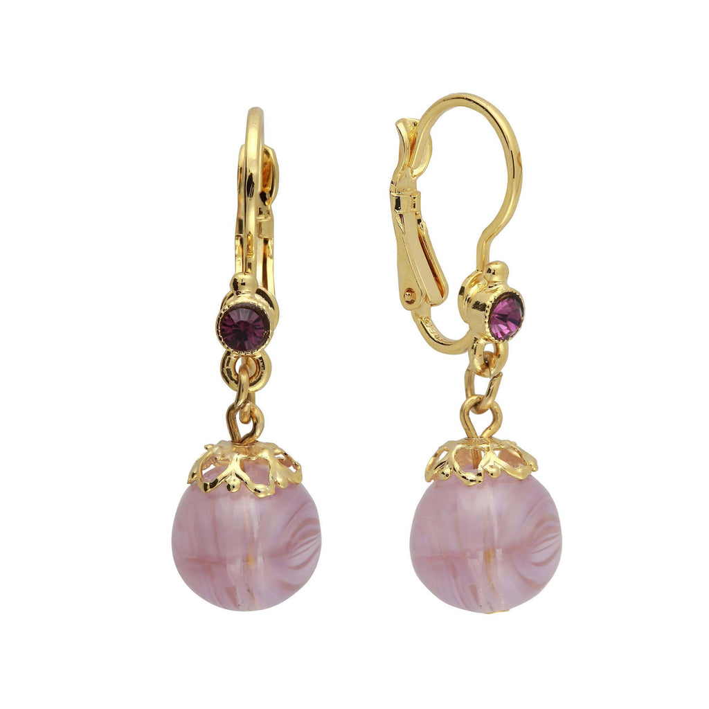 Gold Tone Round Amethyst Color Drop Earrings