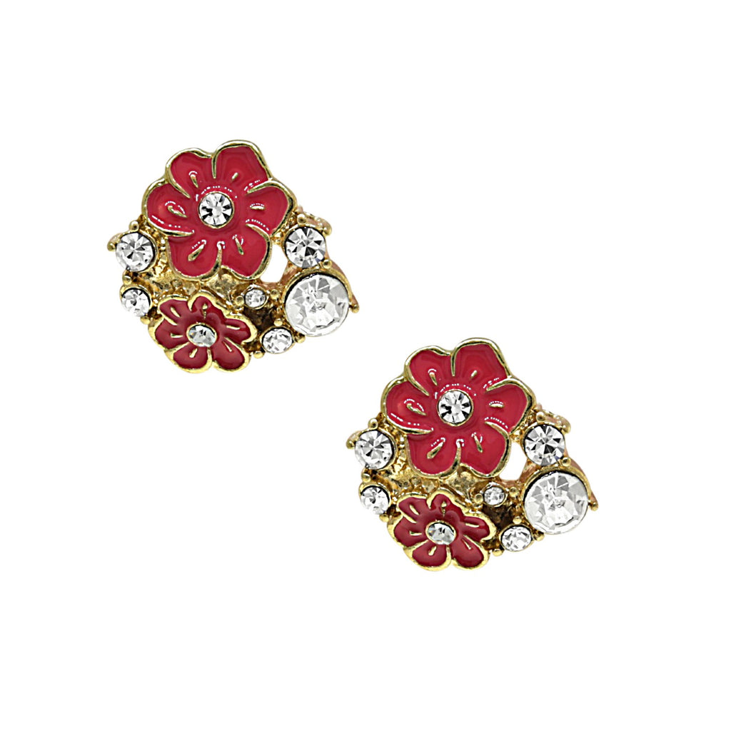 2028 Jewelry Gold Tone Orange And Crystal Enamel Flower Button Earrings