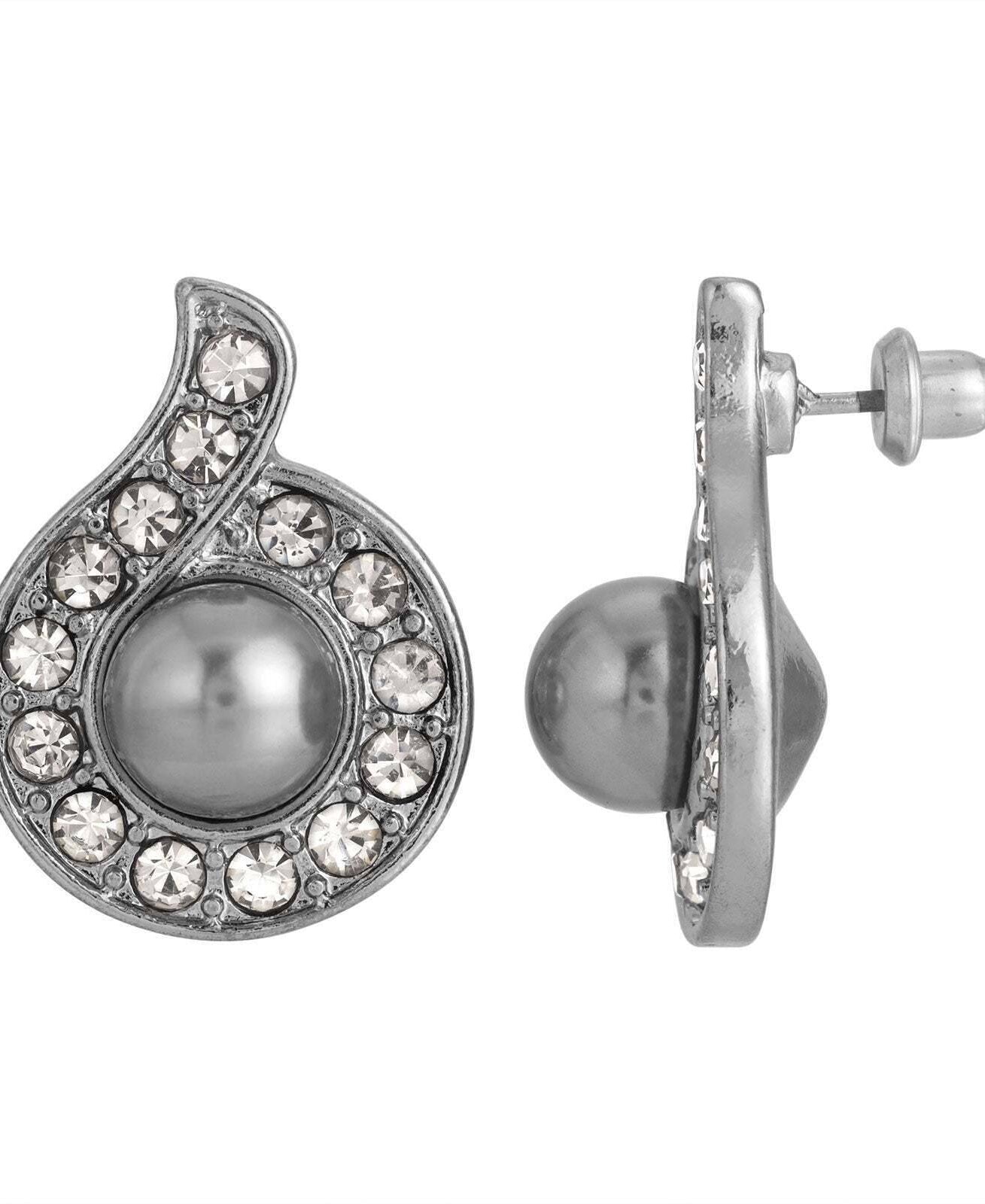 1928 Jewelry Tahitian Grey Faux Pearl Black Diamond Crystal Accent Button Earrings