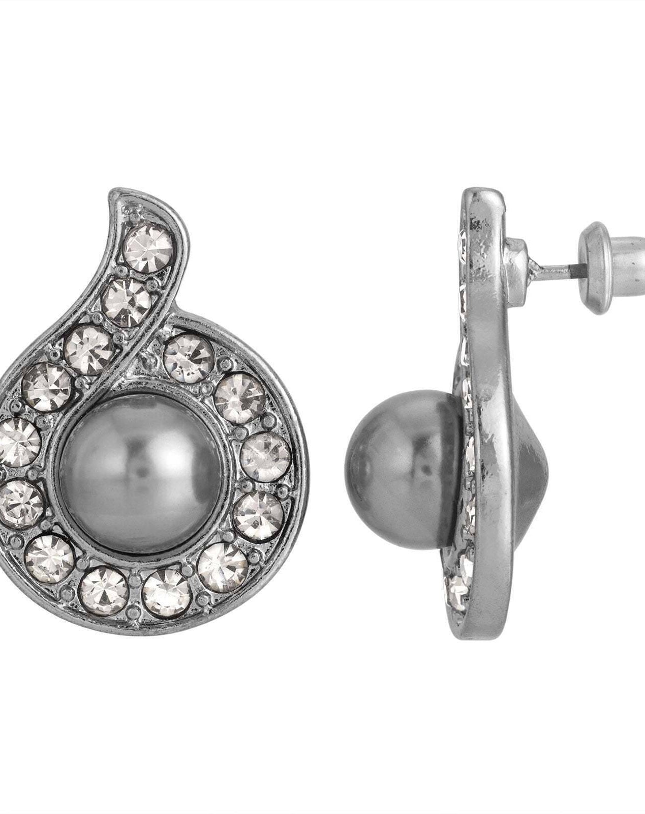 1928 Jewelry Tahitian Grey Faux Pearl Black Diamond Crystal Accent Button Earrings