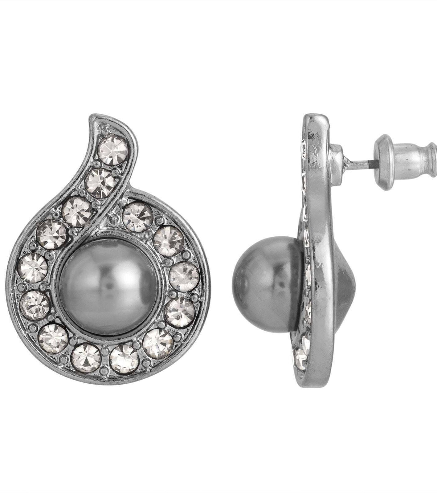 1928 Jewelry Tahitian Grey Faux Pearl Black Diamond Crystal Accent Button Earrings