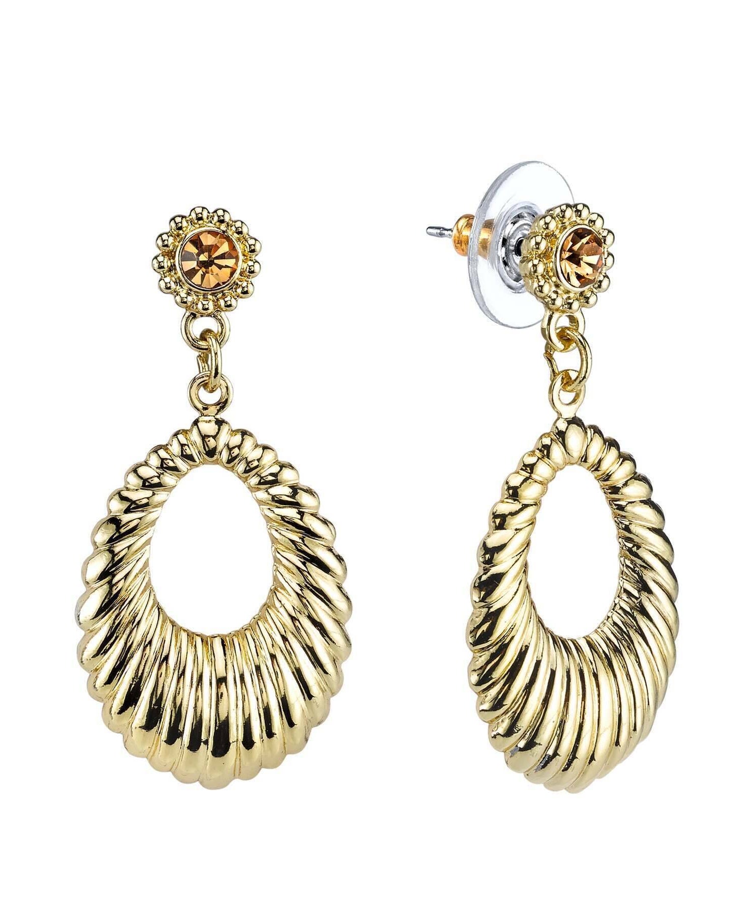 1928 Jewelry Corrugated Hoop Topaz Crystal Accent Post Drop Earrings