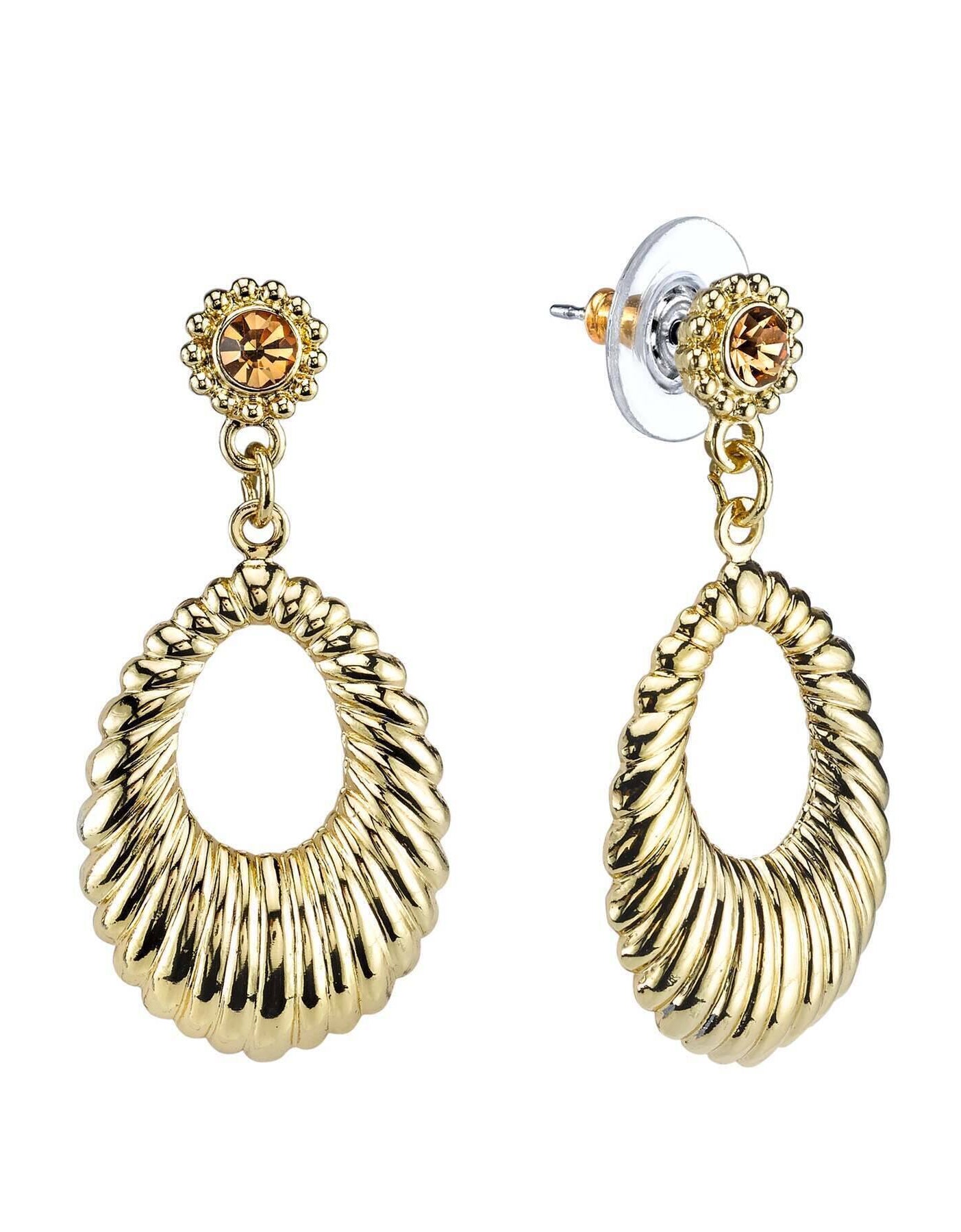 1928 Jewelry Corrugated Hoop Topaz Crystal Accent Post Drop Earrings