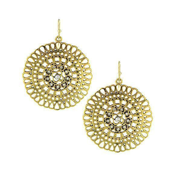 Gold Tone Crystal Large Round Filigree Earrings