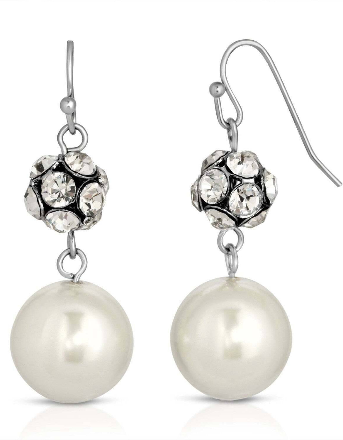 1928 Jewelry White Faux Pearl And Crystal Fireball Drop Earrings