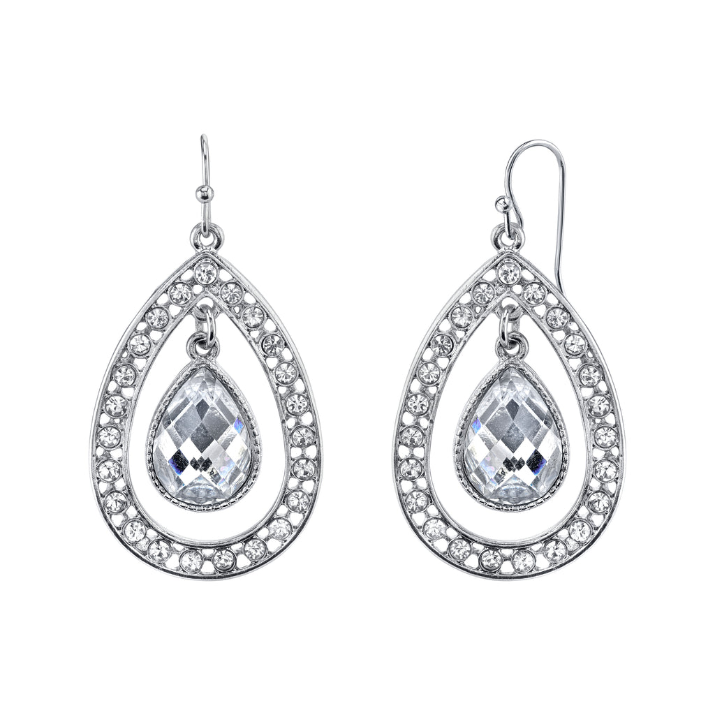 Silver Tone Crystal Caged Pear Shape Earrings
