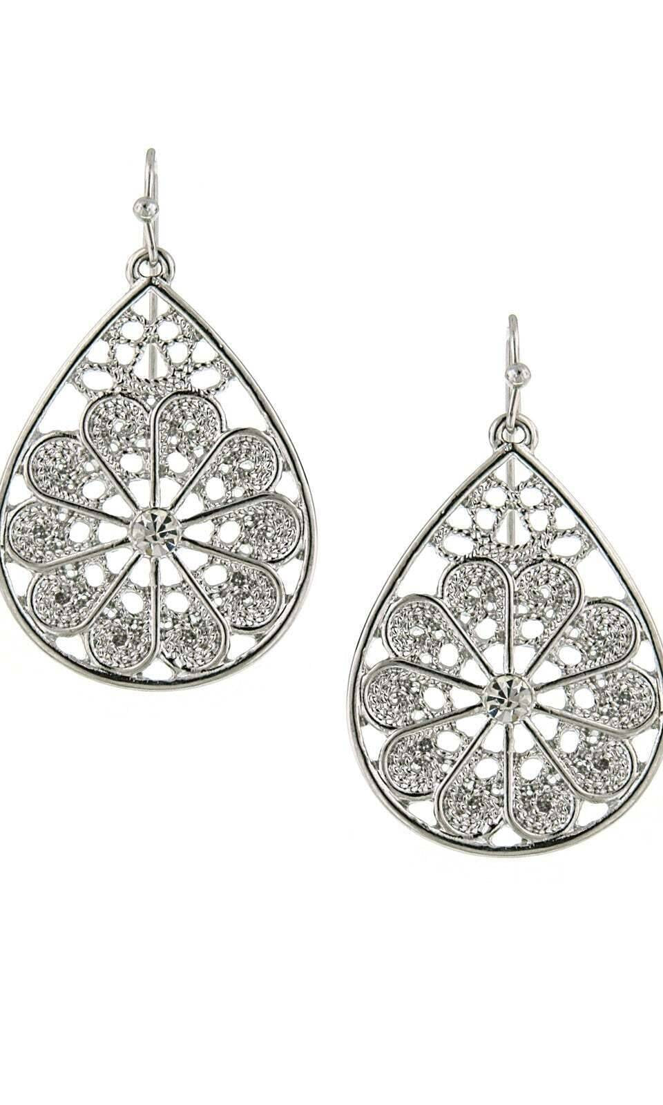 1928 Jewelry Crystal Silver Fancy Filigree Teardrop Earrings