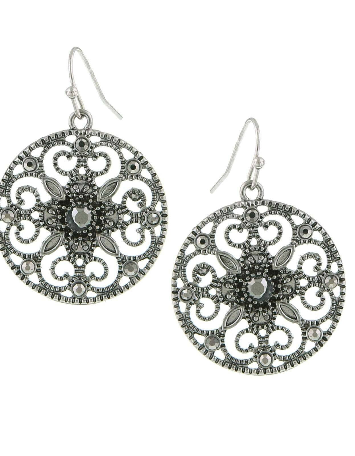 1928 Jewelry Hematite Round Filigree Drop Earrings