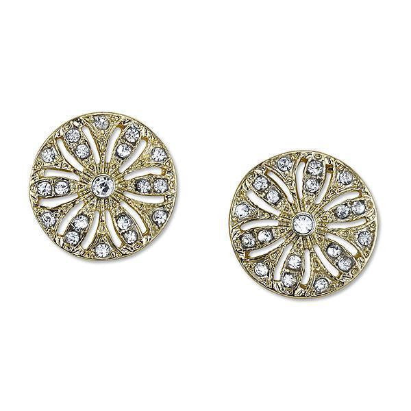 Gold Tone Crystal Disk Button Earrings