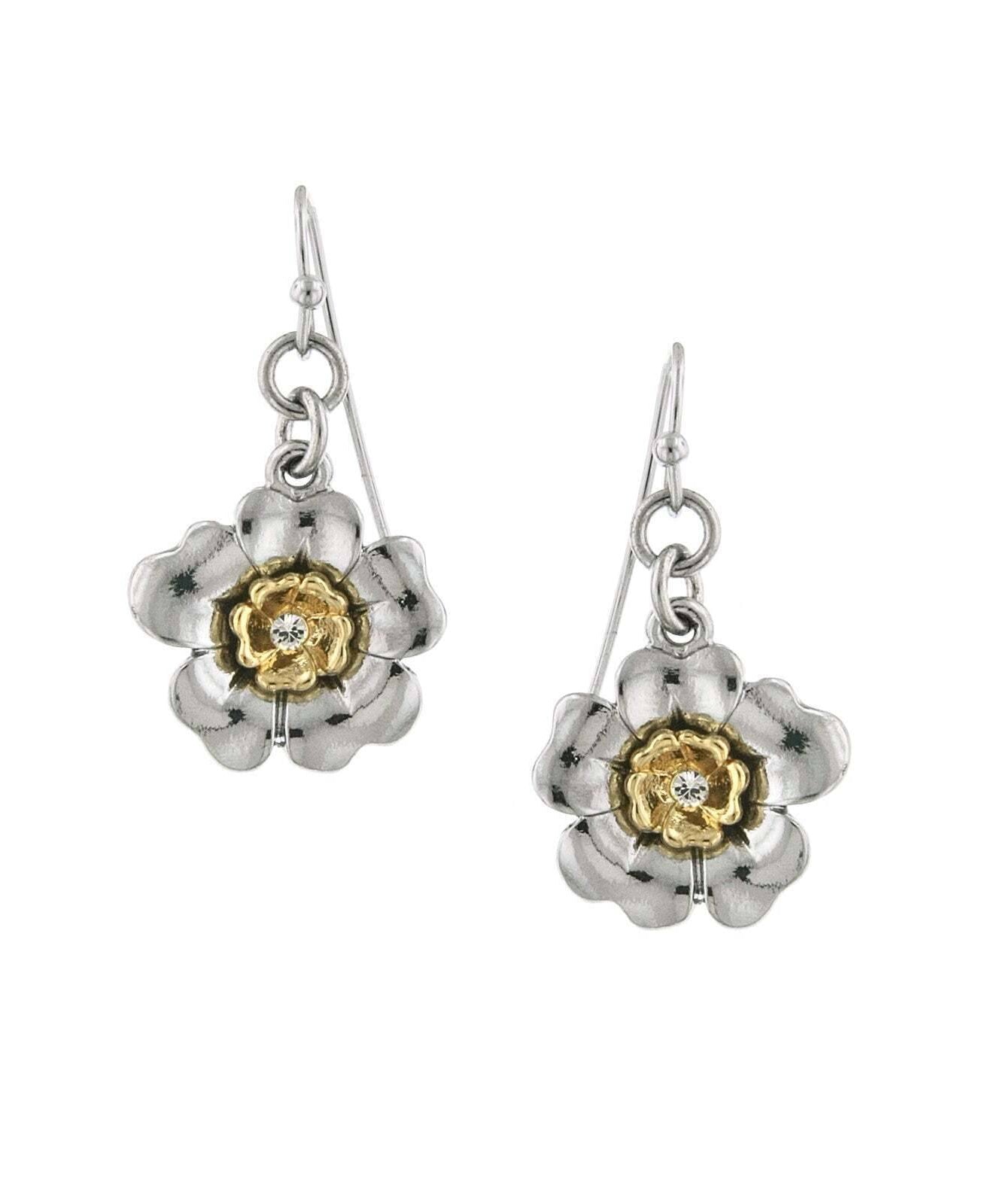1928 Jewelry Two Tone Crystal Flower Drop Earrings