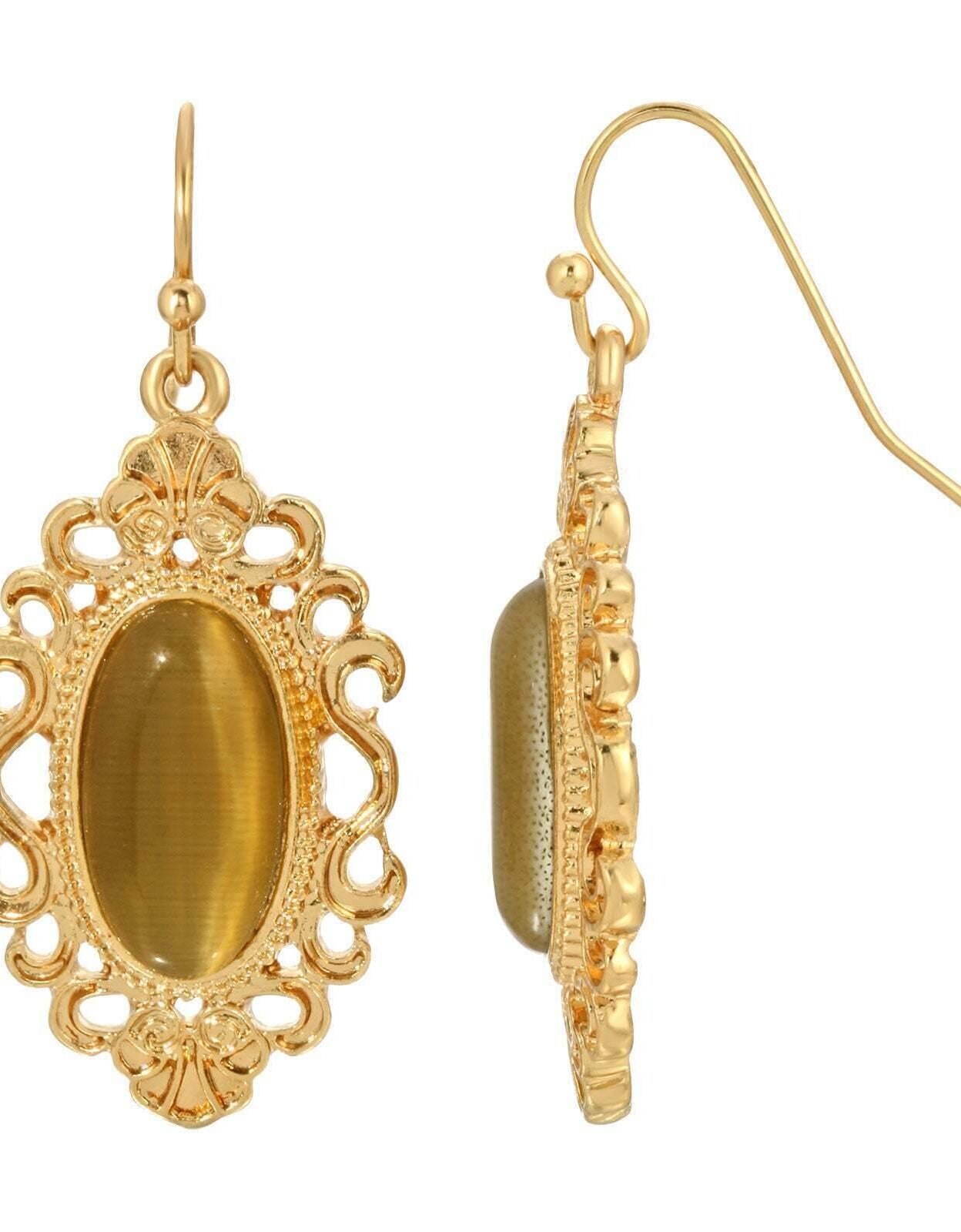 1928 Jewelry Antique Flair Oval Cats Eye Drop Earrings