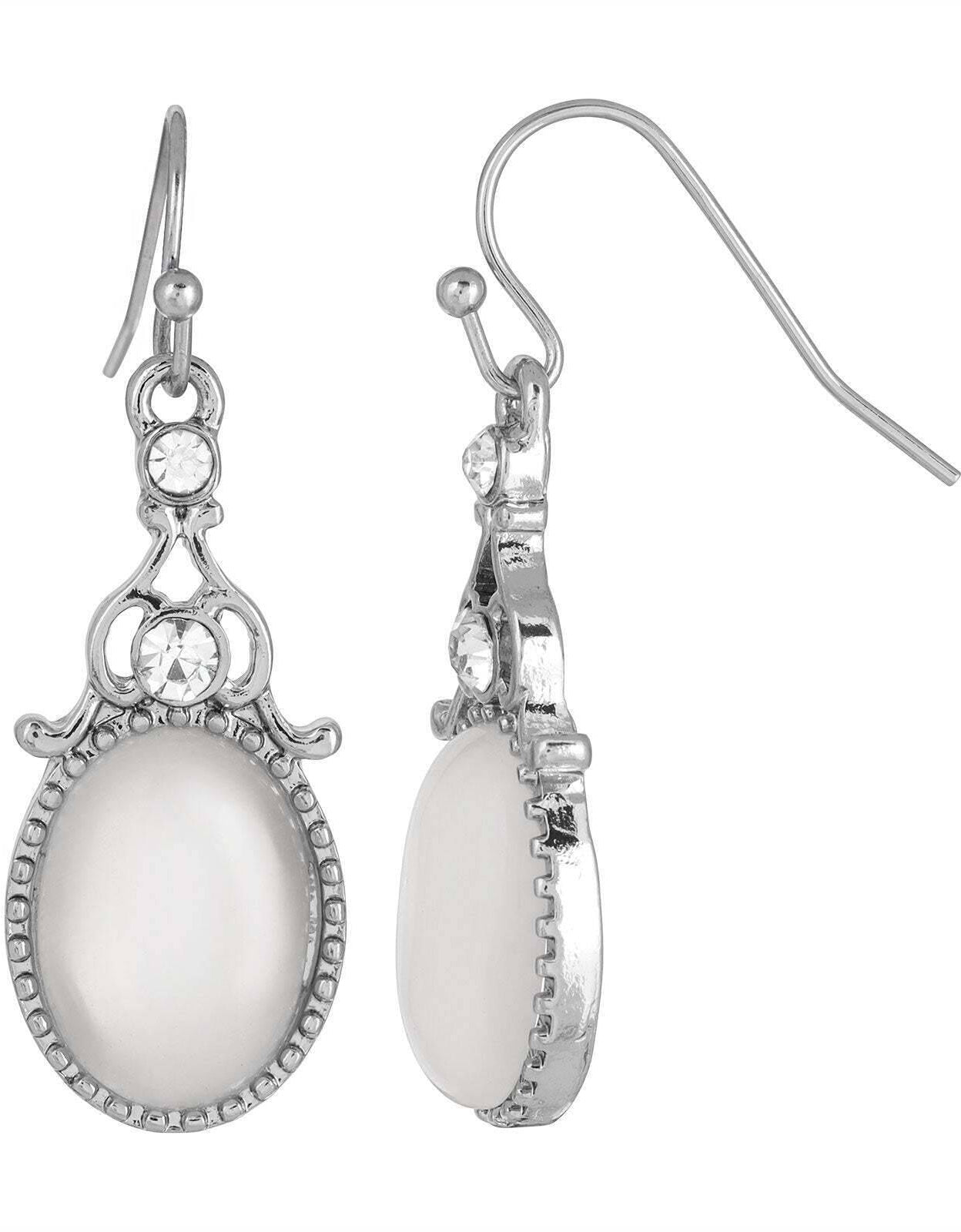 1928 Jewelry Crystal And White Cats Eye Oval Drop Earrings