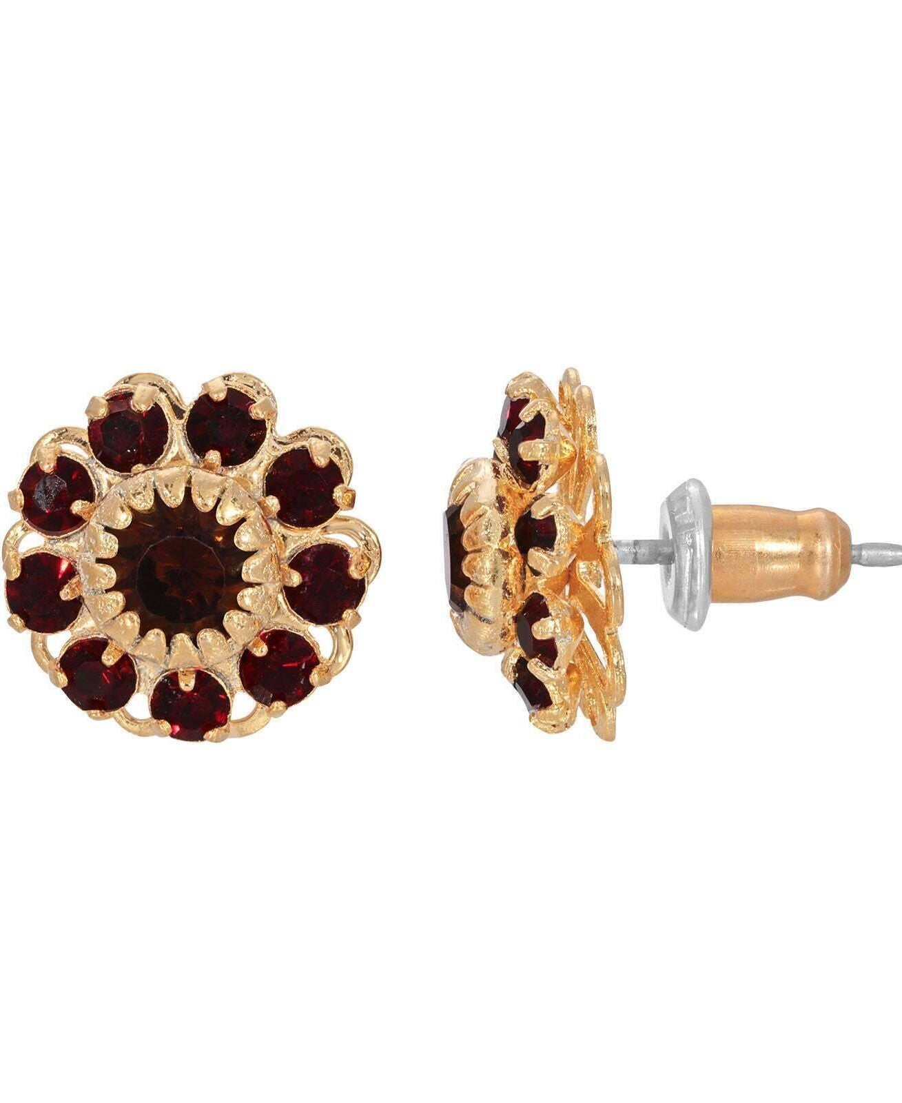 1928 Jewelry Red And Topaz Crystal Cluster Flower Stud Earrings