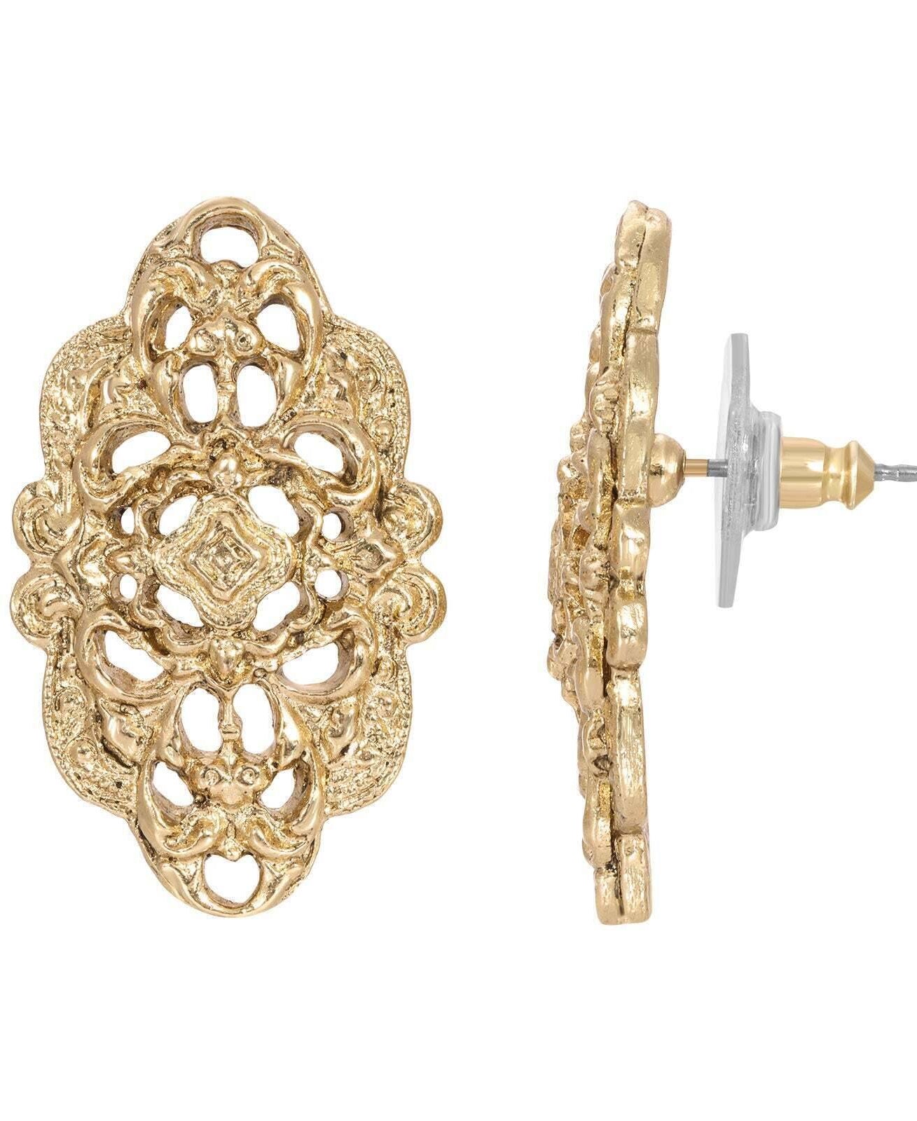 1928 Jewelry Gold Nouveau Signature Filigree Button Earrings