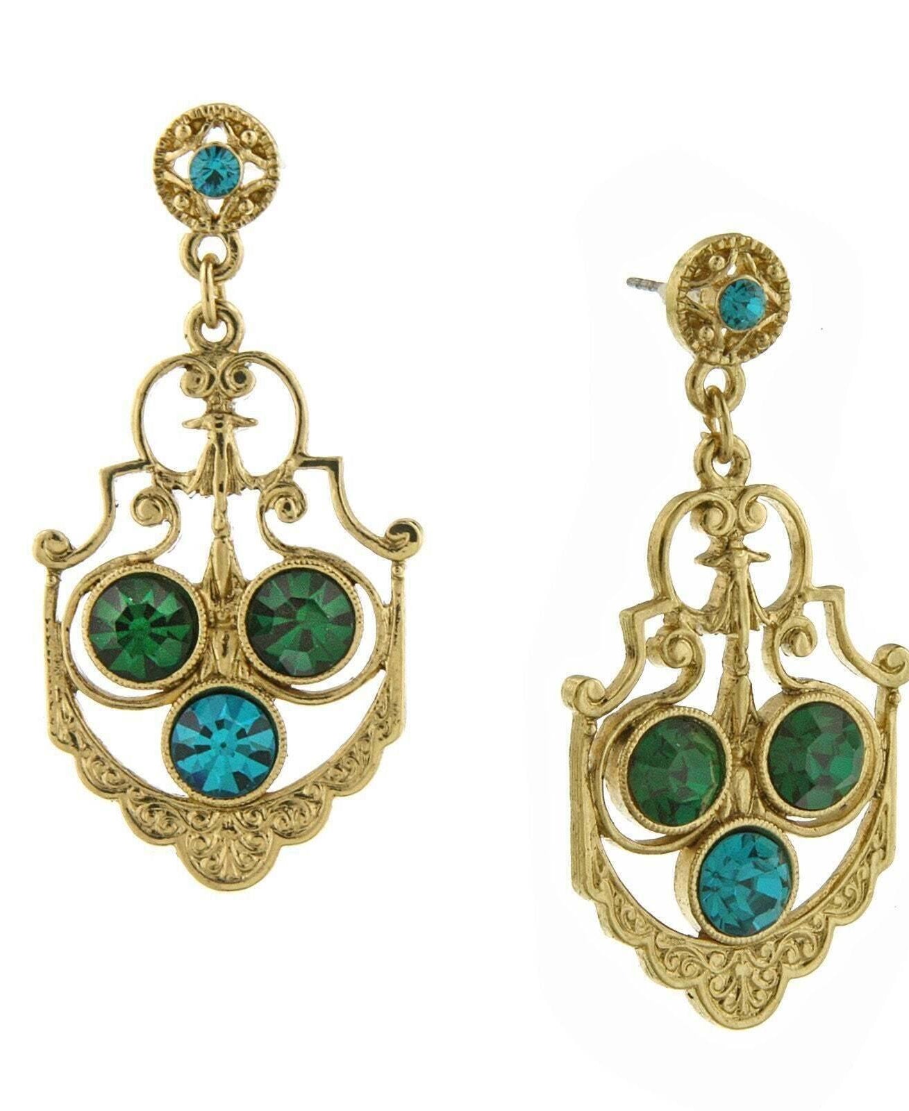 1928 Jewelry Blue Zircon Color And Green Crystal Drop Earrings