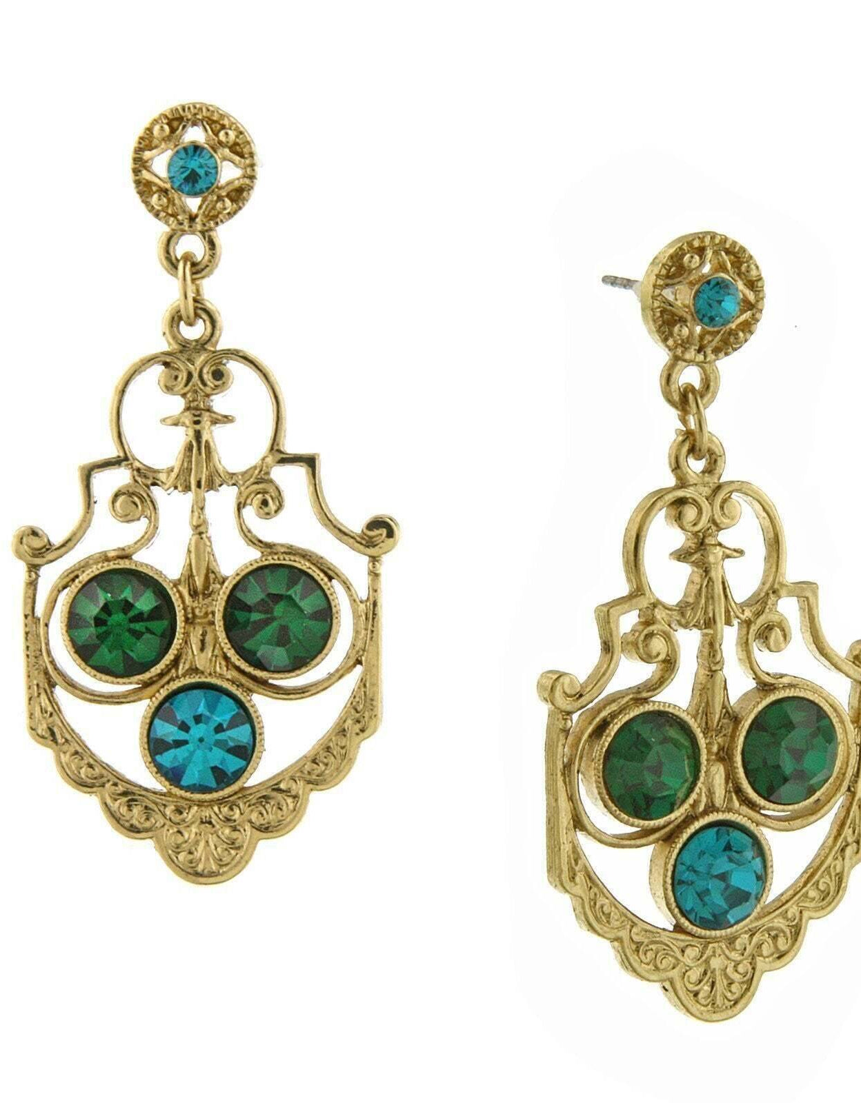1928 Jewelry Blue Zircon Color And Green Crystal Drop Earrings