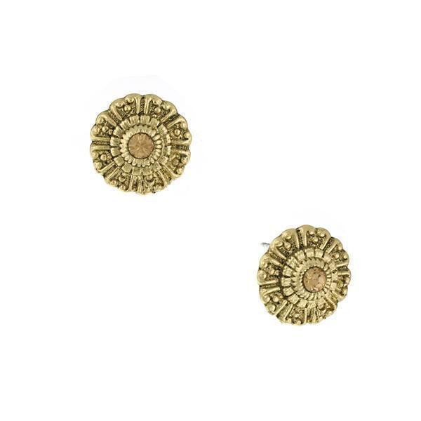 Gold Tone Light Topaz Color Round Button Earrings