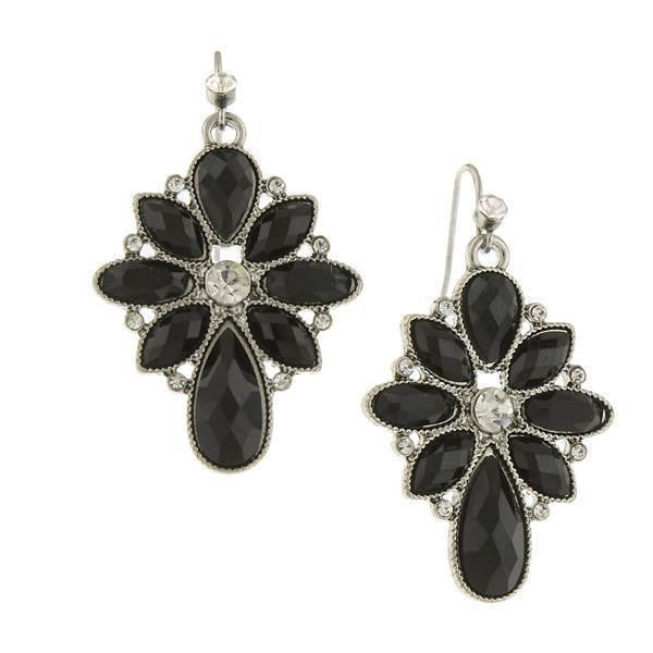 Silver Tone Black Stone And Crystal Cluster Drop Earrings